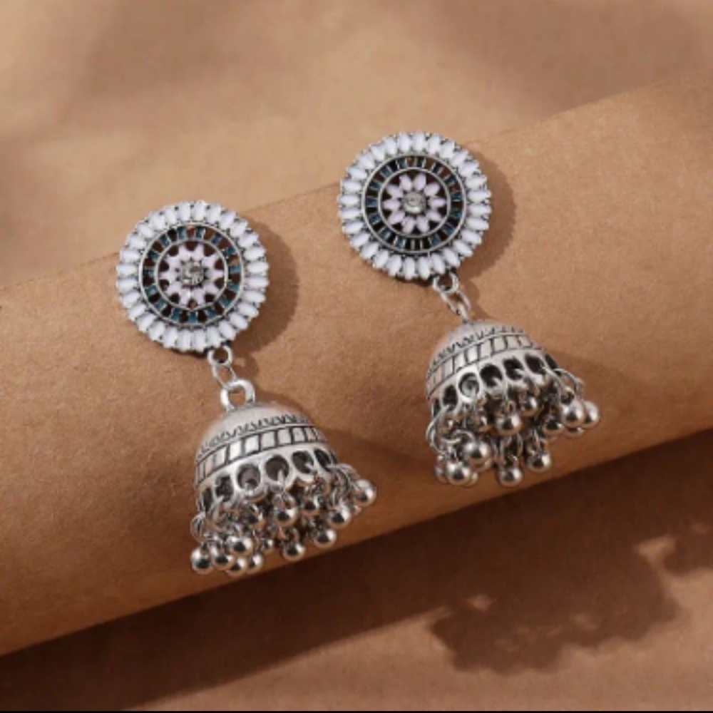 Antique silver jhumka earrings/ pakistani Indian jewelry/ hand painted jhumka